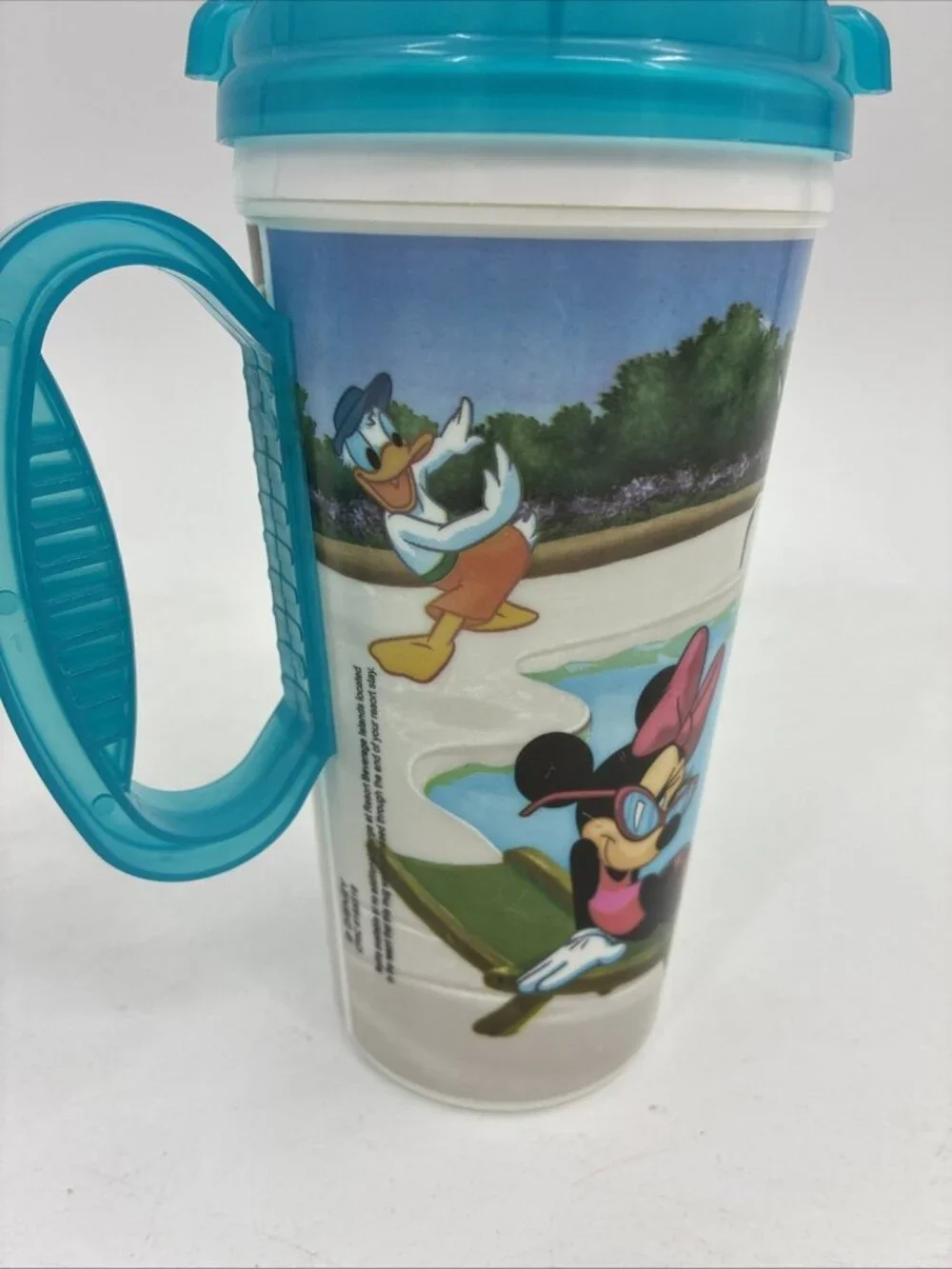 Disney Parks Mickey Minnie Donald Duck Souvenir Travel Cup Mug Teal Handle
